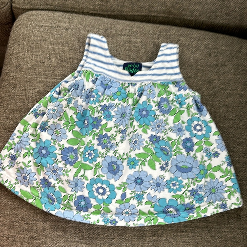 Mini Boden Girls Blue Green Floral Stripe Babydoll Tank Top Blouse Size 3-4Y